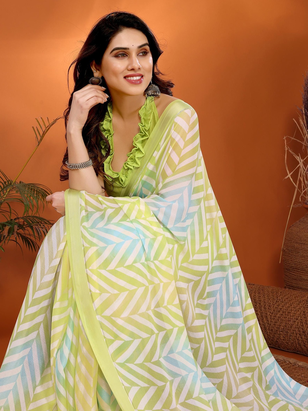 

Ekasya Striped Satin Saree, Lime green