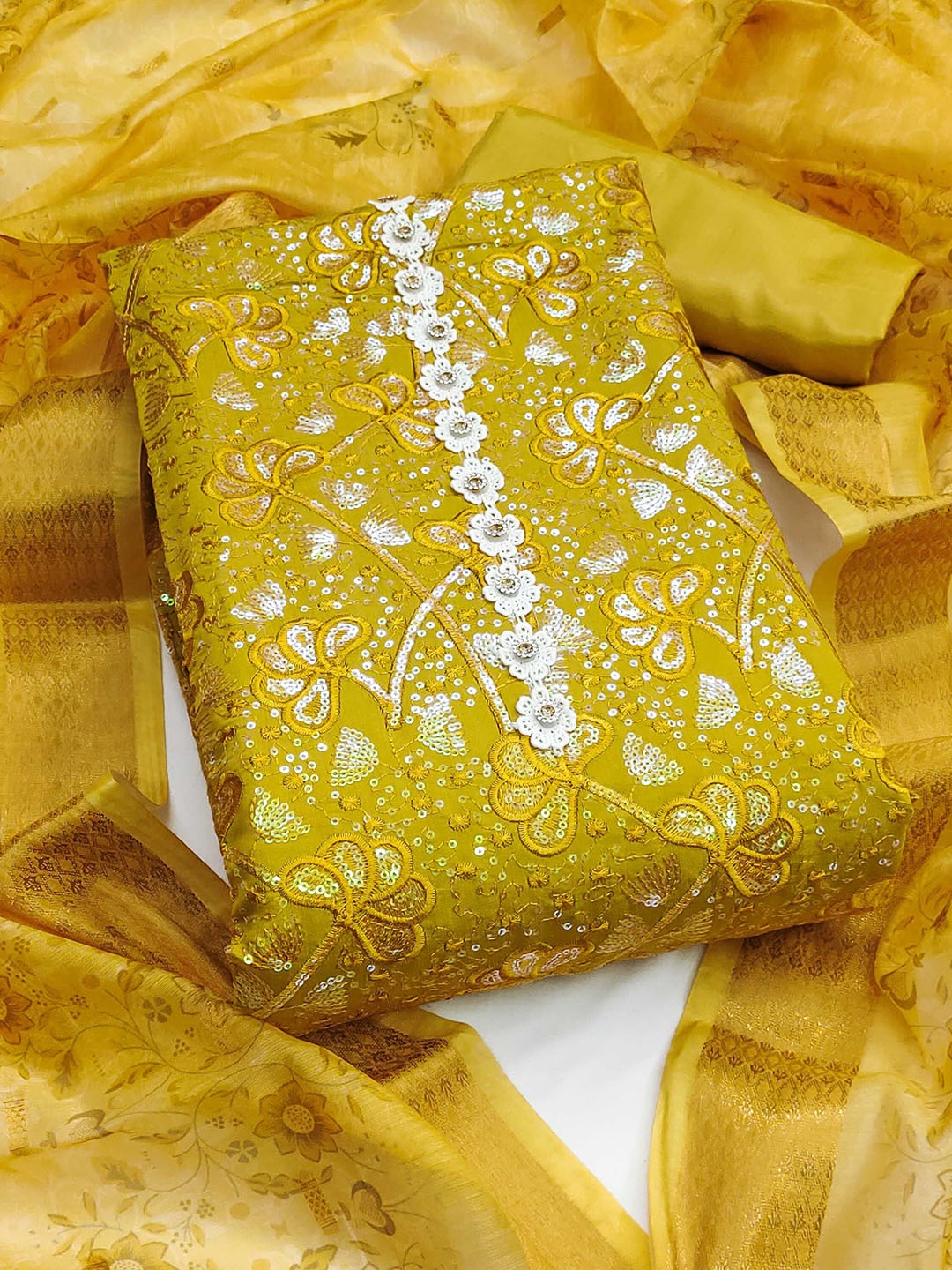 

SHADOW & SAINING Embroidered Pure Silk Semi-Stitched Dress Material, Yellow