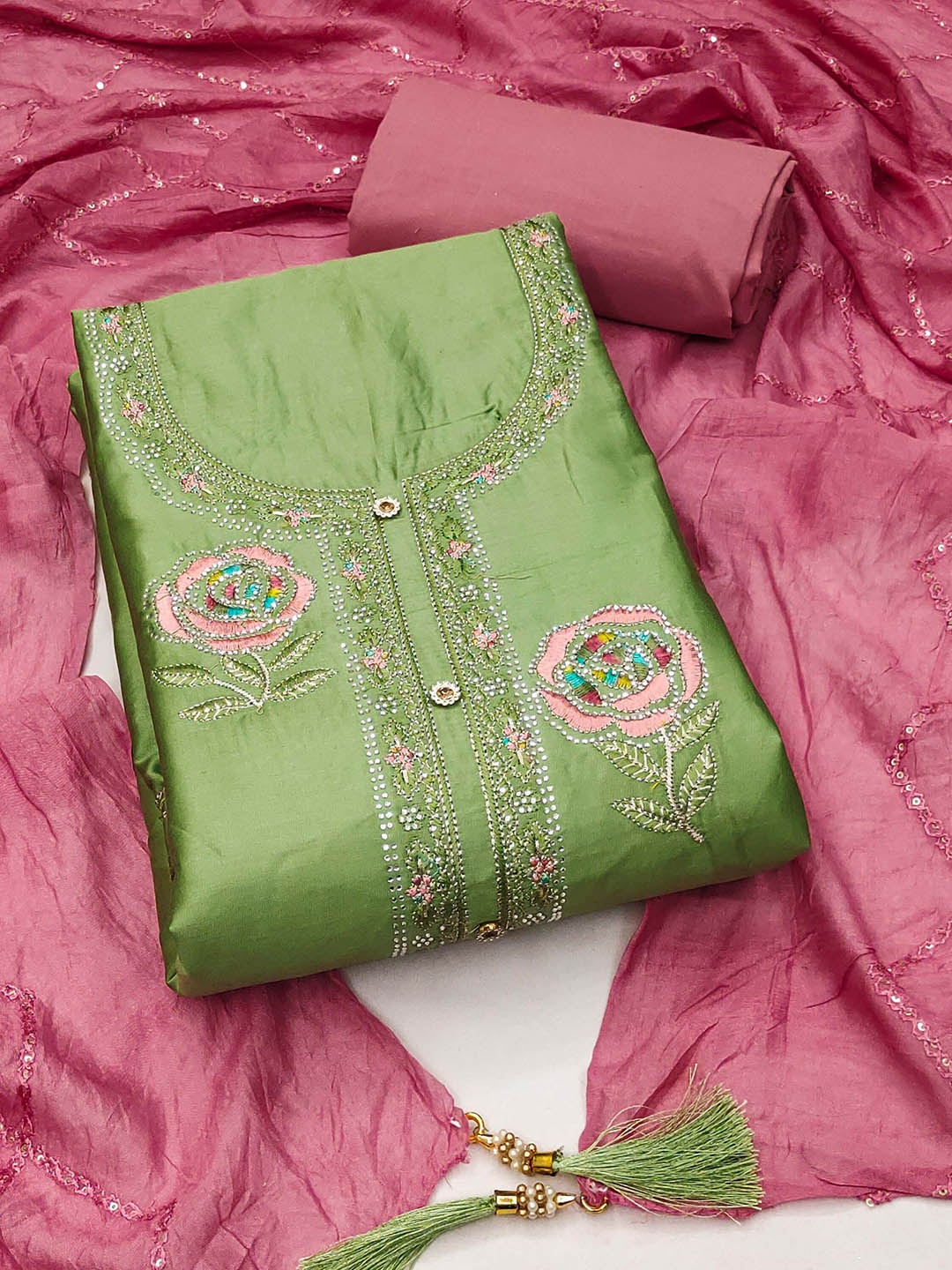 

SHADOW & SAINING Embroidered Unstitched Dress Material, Green