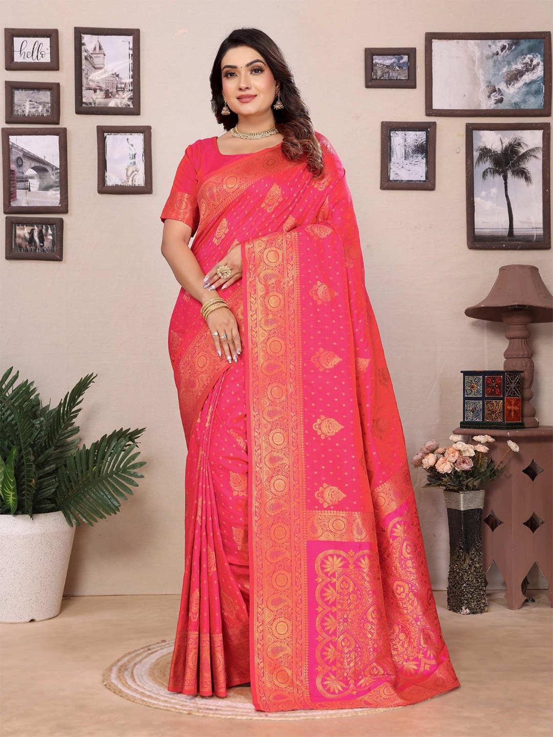 

LeeliPeeri Designer Woven Design Zari Silk Blend Banarasi Saree, Pink