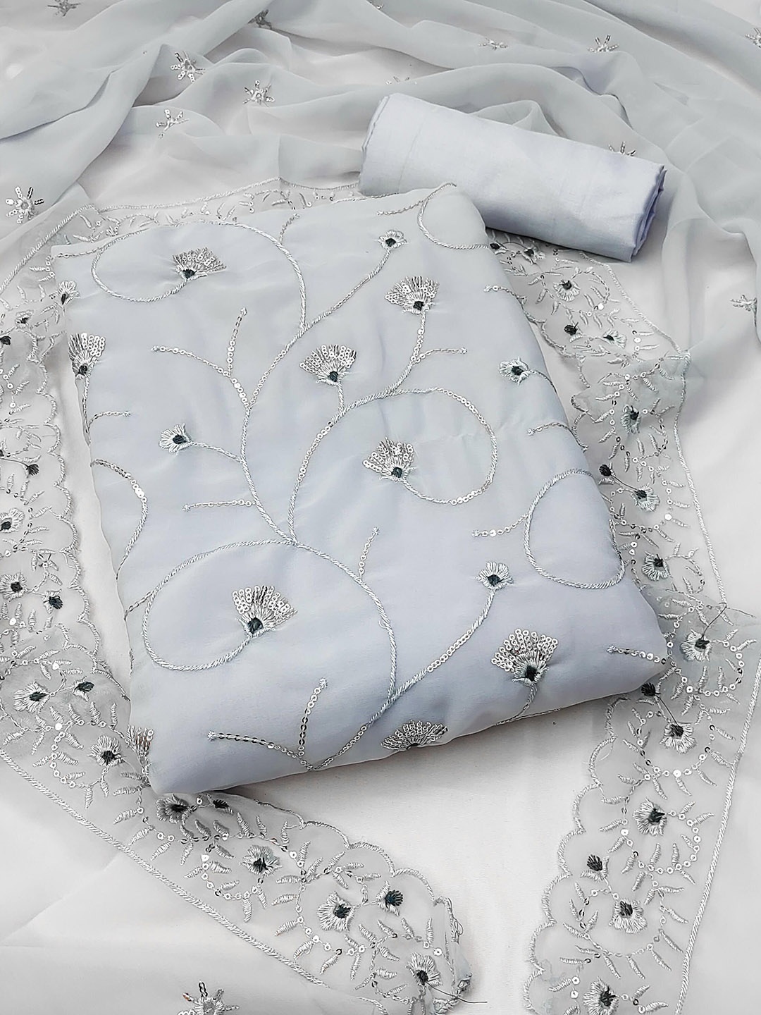

SHADOW & SAINING Embroidered Silk Georgette Unstitched Dress Material, Grey