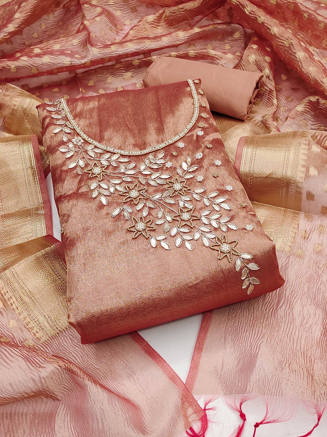 

SHADOW & SAINING Embellished Semi-Stitched Dress Material, Peach