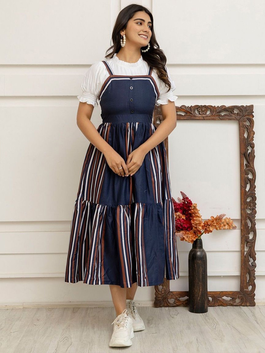 

RebikaTrendz Striped Puff Sleeve Fit & Flare Midi Dress, Blue