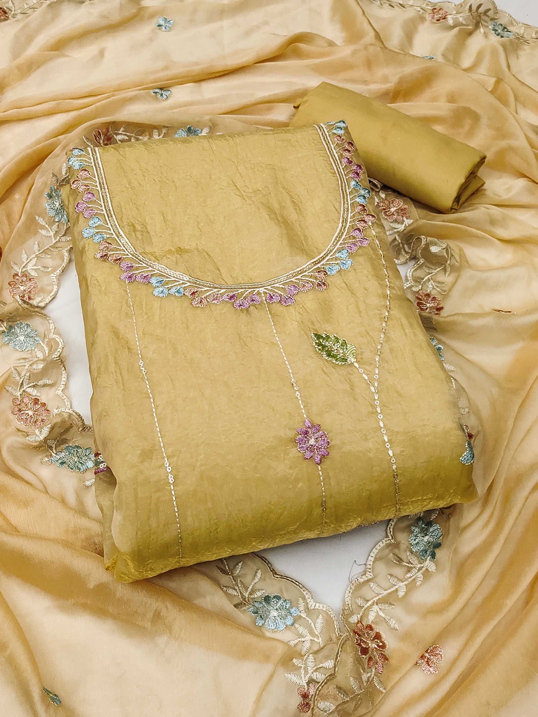 

SHADOW & SAINING Embroidered Pure Silk Semi-Stitched Dress Material, Beige