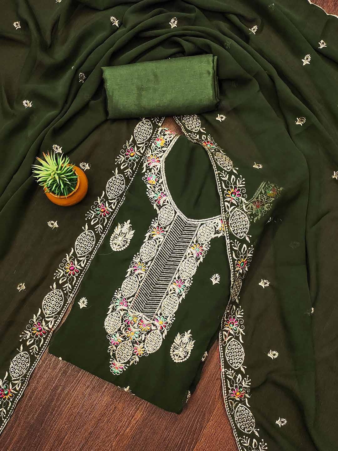 

SHADOW & SAINING Embroidered Silk Georgette Unstitched Dress Material, Green