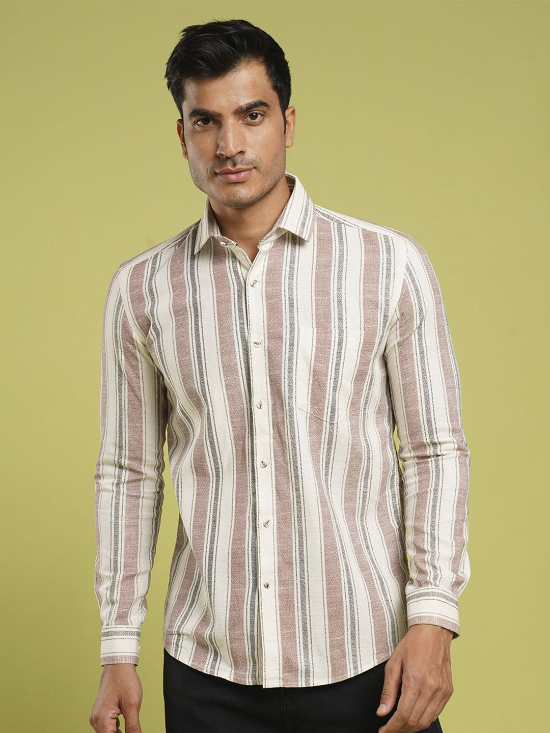 

John Philips Men Slim Fit Opaque Striped Formal Shirt, Maroon