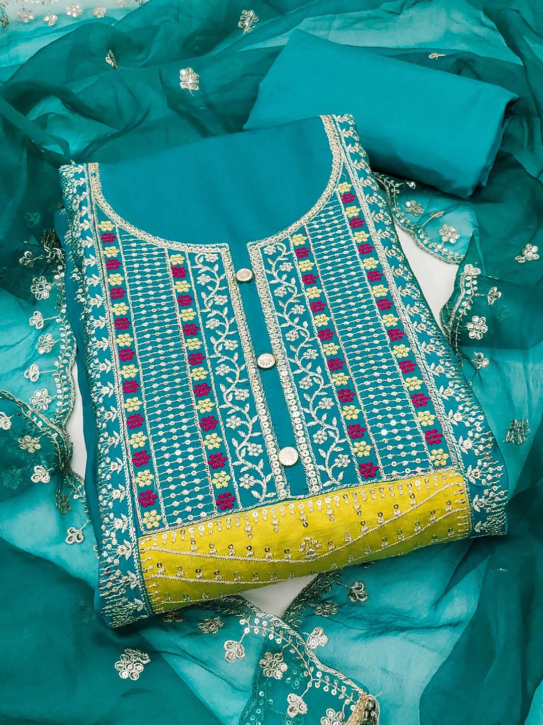 

SHADOW & SAINING Embroidered Pure Cotton Semi-Stitched Dress Material, Teal