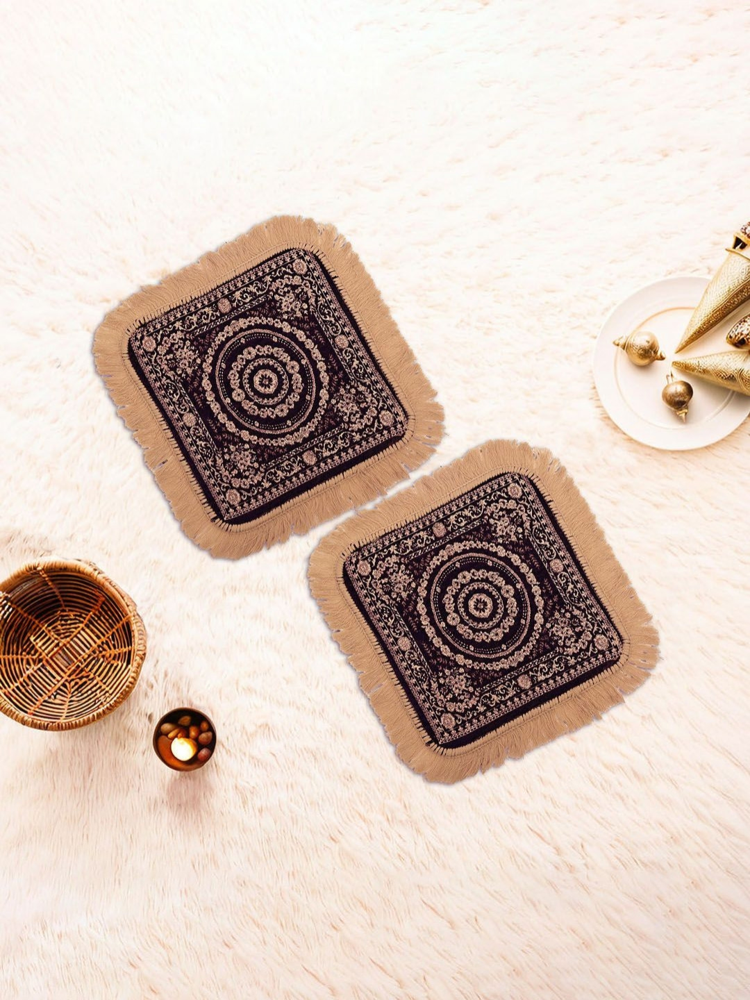 

Aura 2 Piece Beige & Purple Floral Printed Velvet Finish Pooja Sitting Floor Mat, Gold