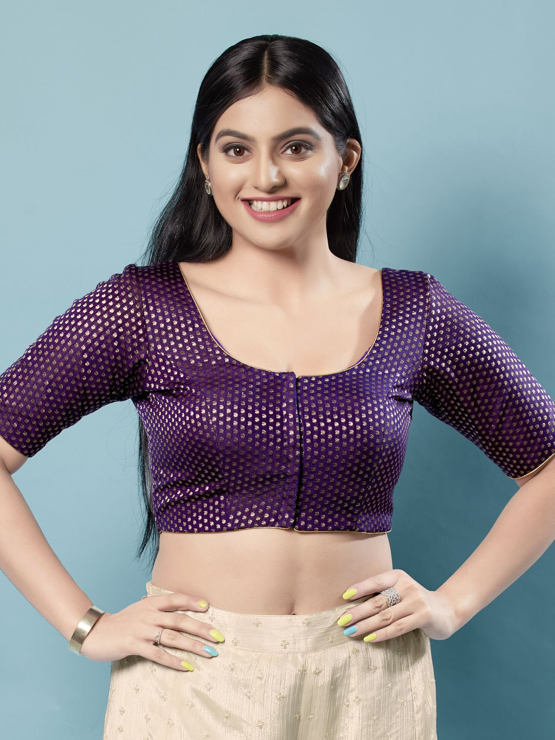 

VAMAS - THE DESIGNER BLOUSES Women Round Neck Padded Saree Blouse, Purple