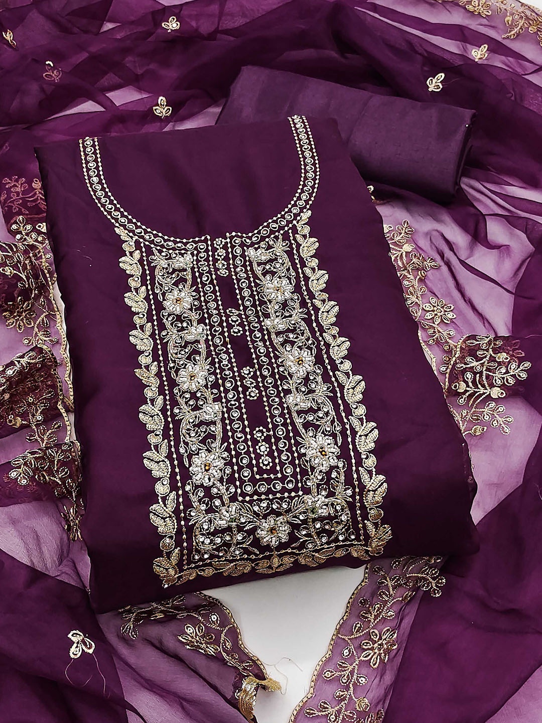 

SHADOW & SAINING Embroidered Organza Semi-Stitched Dress Material, Purple