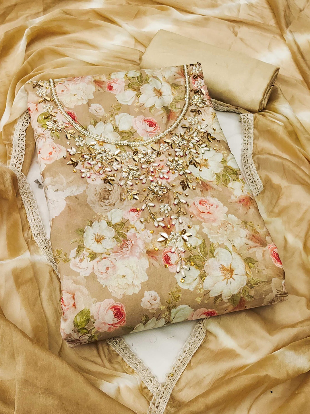 

SHADOW & SAINING Printed Semi-Stitched Dress Material, Beige