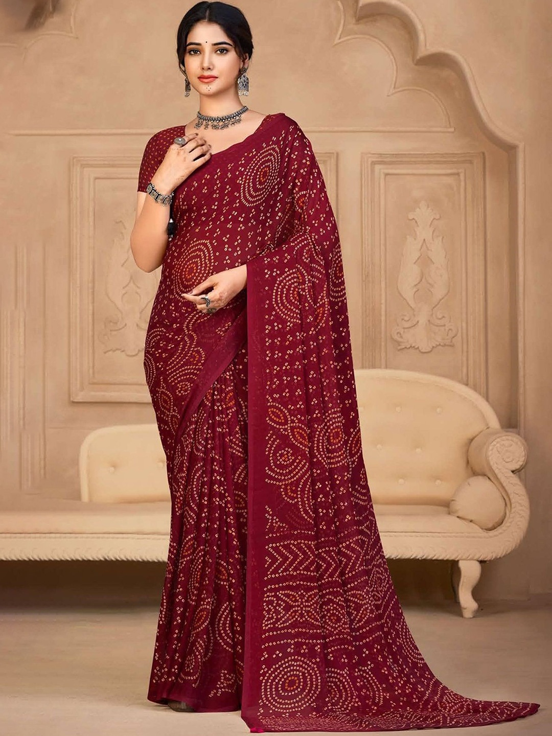 

Reboot Fashions Bandhani Pure Chiffon Bandhani Saree, Maroon