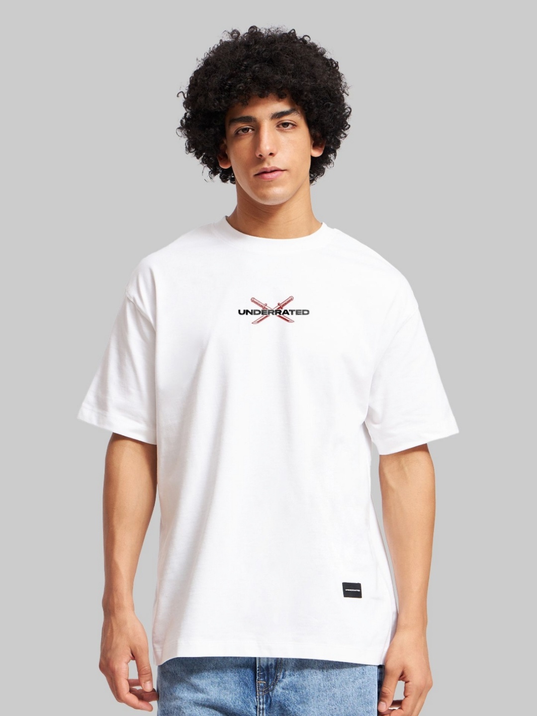 

Underrated Club Men Biker Printed Drop-Shoulder Sleeves Bio Finish Raw Edge T-shirt, White