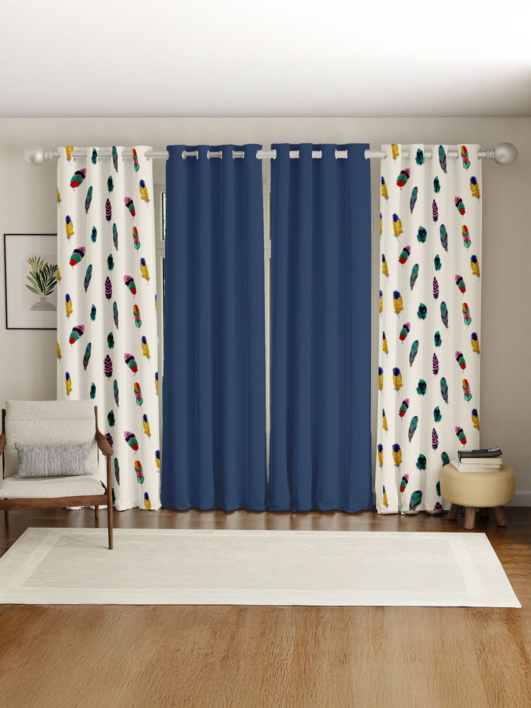 

URBAN SPACE Blue & White Set of 4 Floral Window Curtain