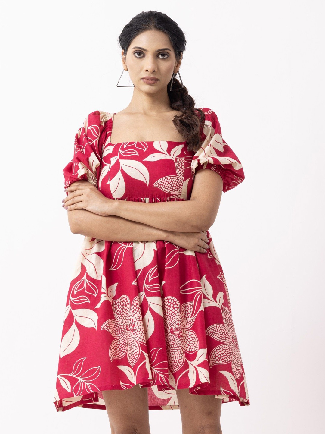 

THE INDIAN CAUSE Floral Print Puff Sleeve A-Line Dress, Red
