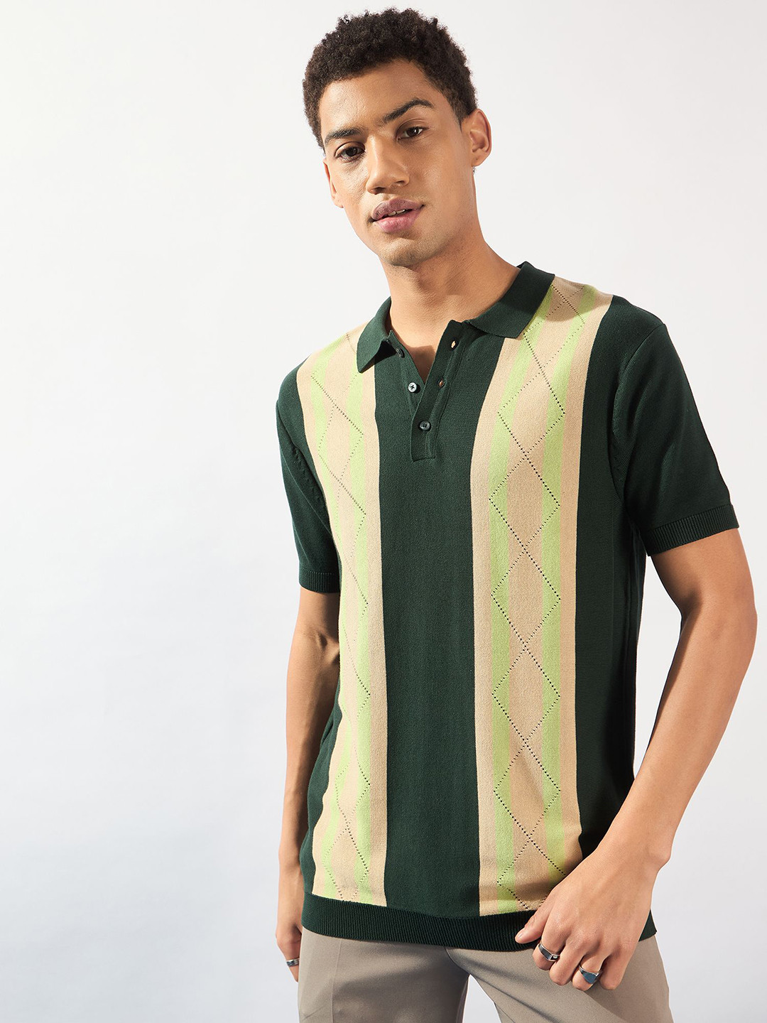 

DENNISON Textured Polo Collar Knitted T-Shirt, Green