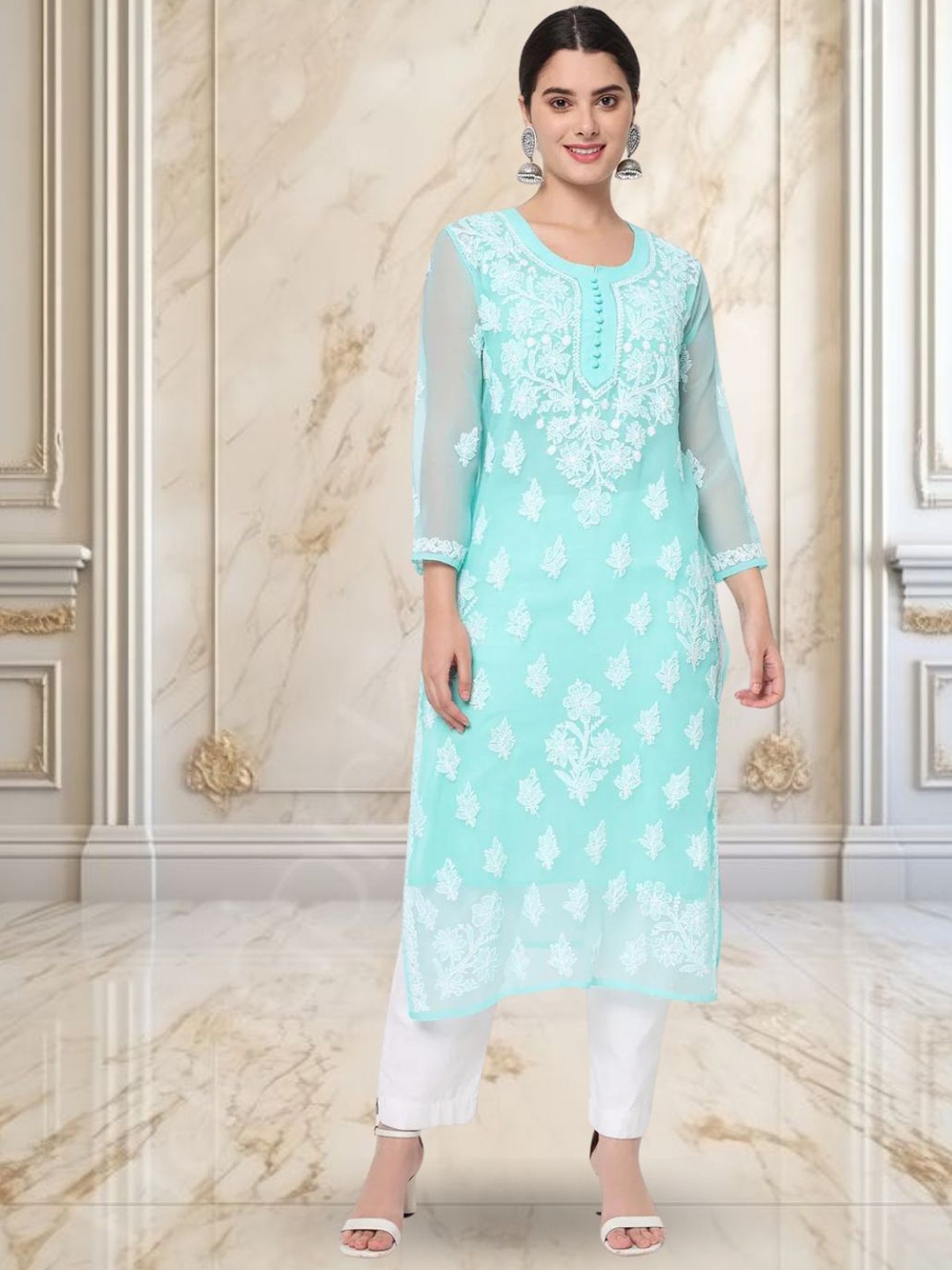 

PARAMOUNT CHIKAN Women Ethnic Motifs Embroidered Chikankari Floral Georgette Kurta, Sea green