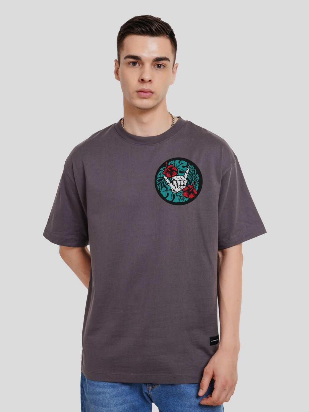 

Underrated Club Men Biker Printed Bio Finish Raw Edge T-shirt, Grey