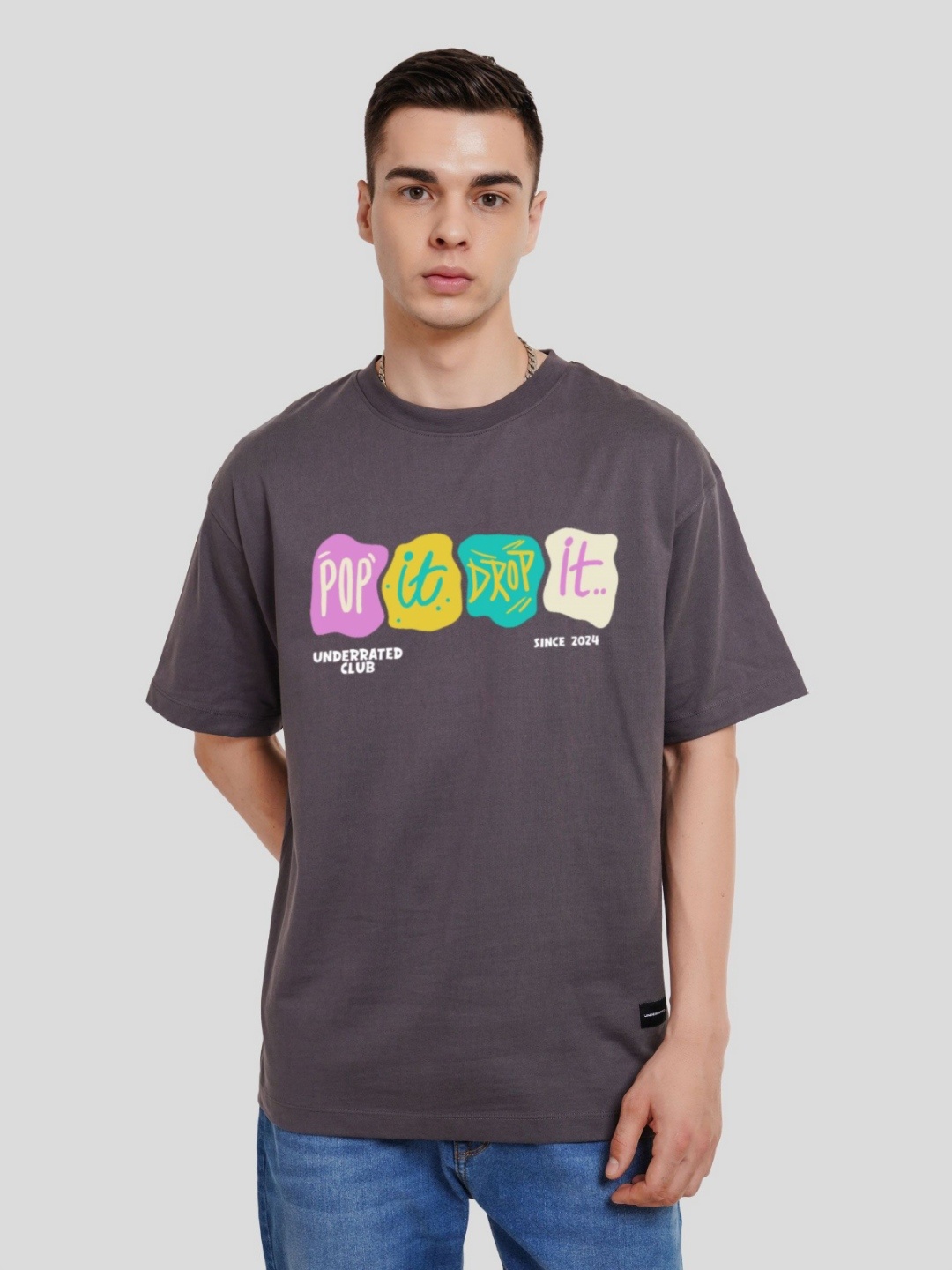 

Underrated Club Men Printed Bio Finish Applique T-shirt, Grey