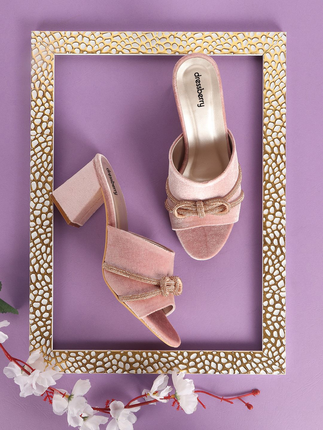 

DressBerry Velvet Party Block Sandals with Bows, Rose gold