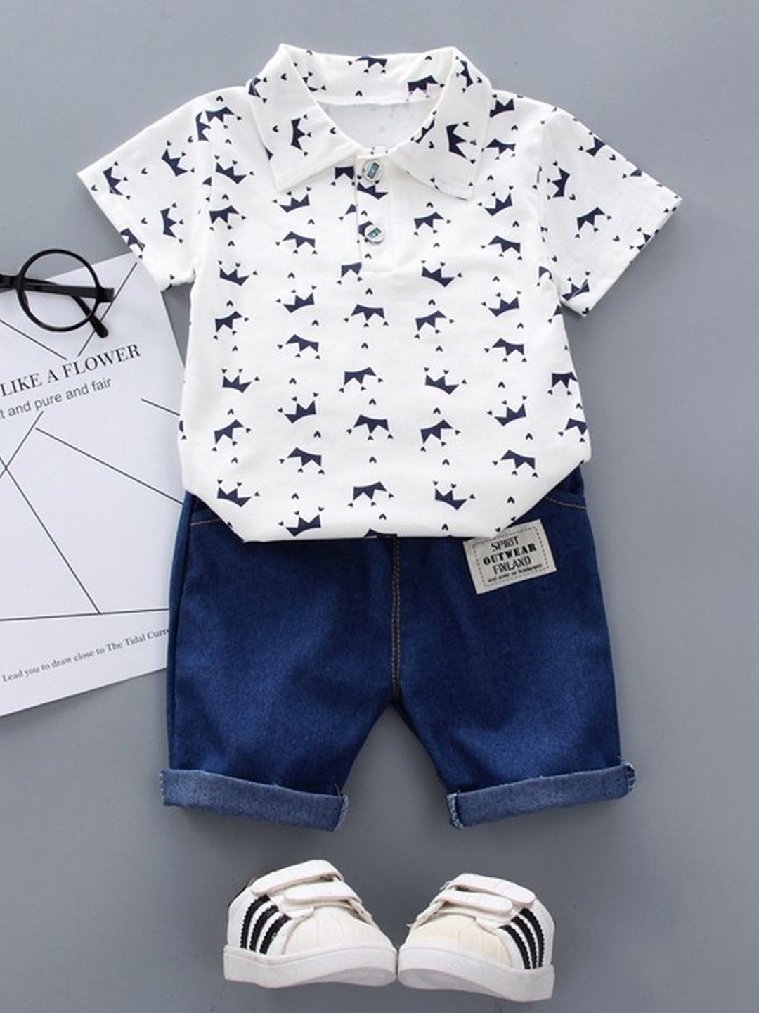 

LULU & SKY Boys Printed Shirt with Shorts, White
