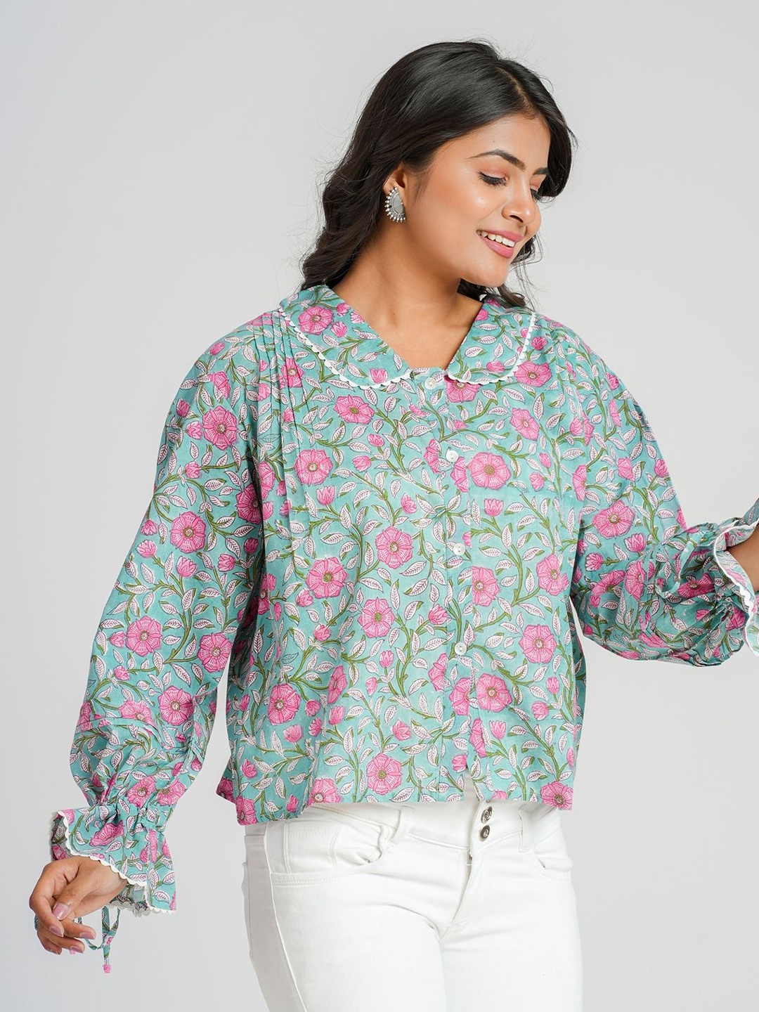 

Cotton Curio Pure Cotton Block Printed Shirt, Turquoise blue