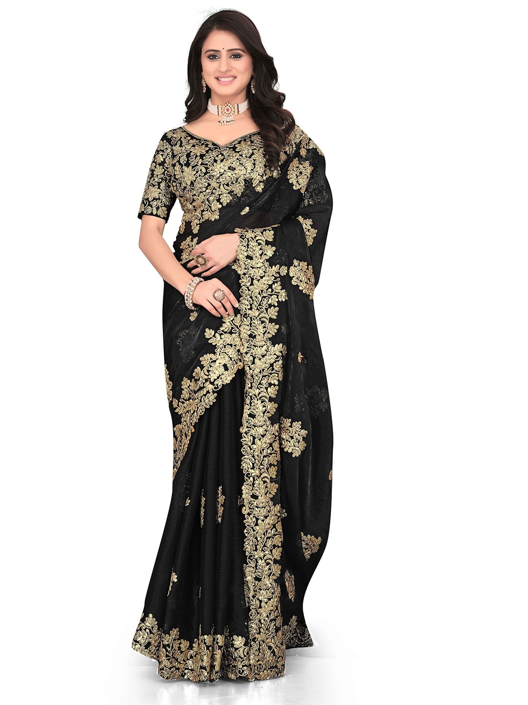 

Avirat Designer Studio Floral Sequinned Banarasi Saree, Black