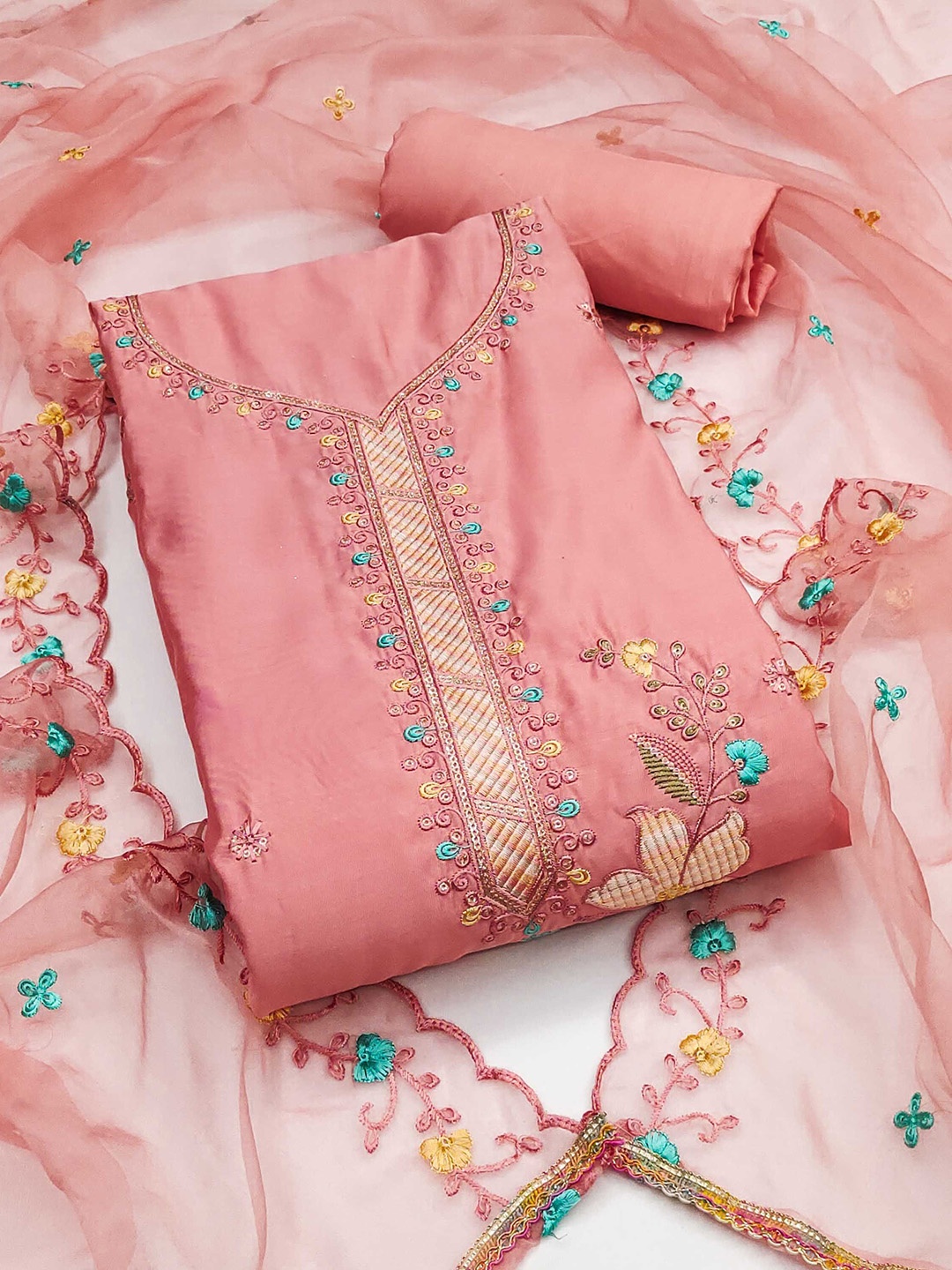 

SHADOW & SAINING Embroidered Pure Cotton Semi-Stitched Dress Material, Peach