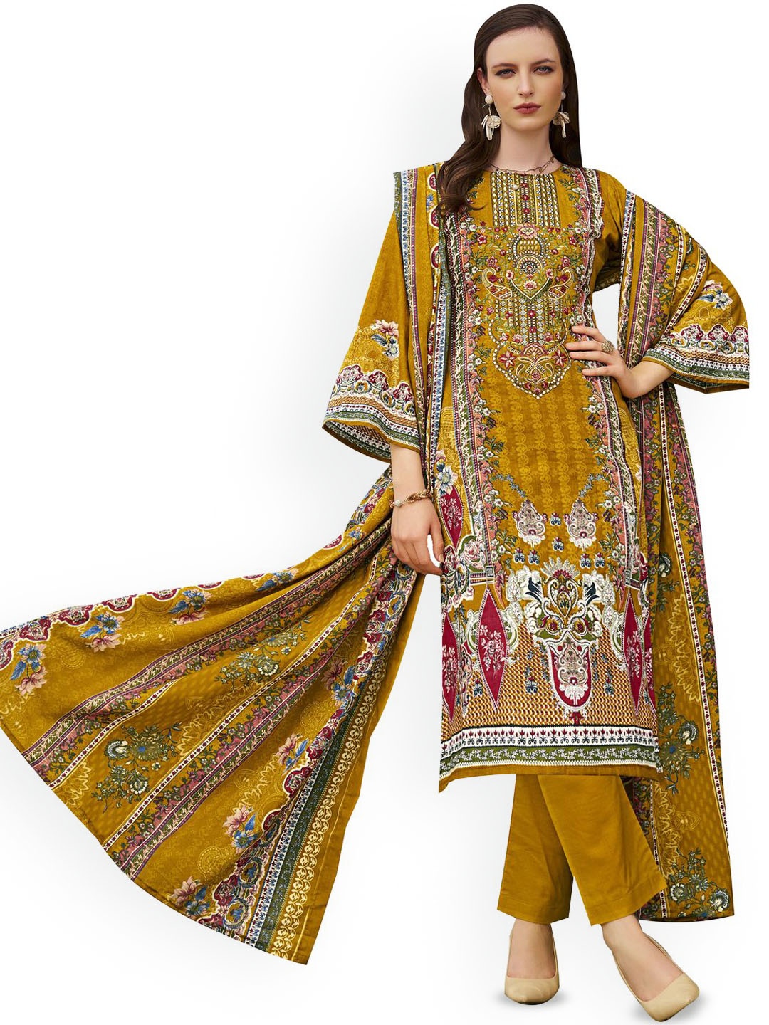 

DRAVINAM Trends Embroidered Pure Cotton Unstitched Dress Material, Yellow
