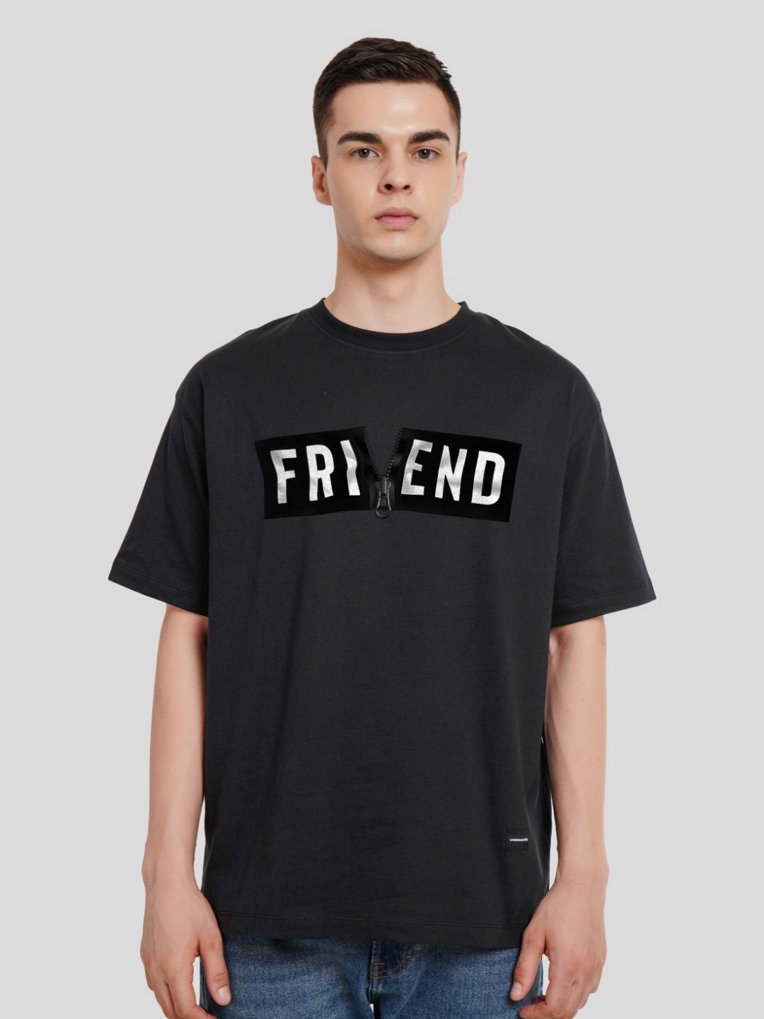

Underrated Club Men Typography Printed Extended Sleeves Bio Finish Applique T-shirt, Black