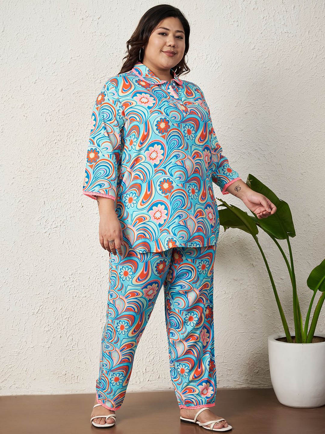 

AUSTIVO Printed Polo Collar Top With Trousers Co-Ords Set, Blue