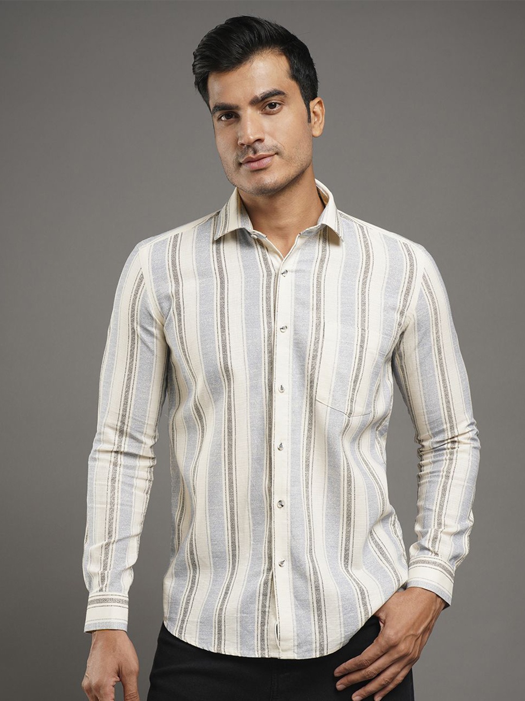 

John Philips Men Slim Fit Opaque Striped Formal Shirt, Blue