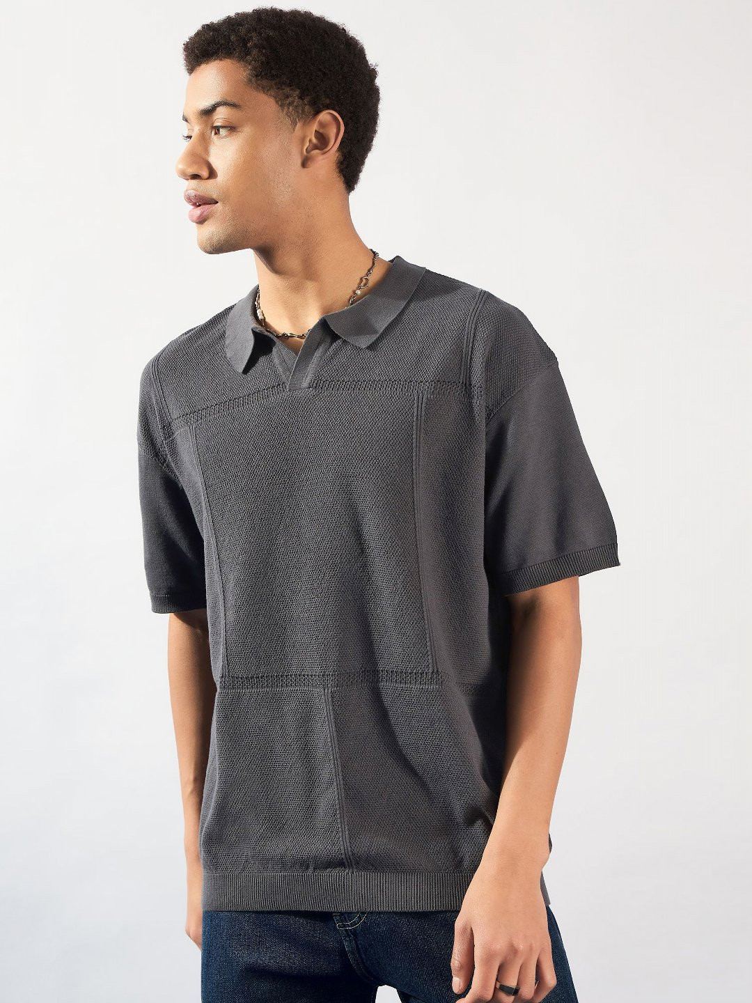 

DENNISON Oversized Polo Collar Knitted T-Shirt, Grey