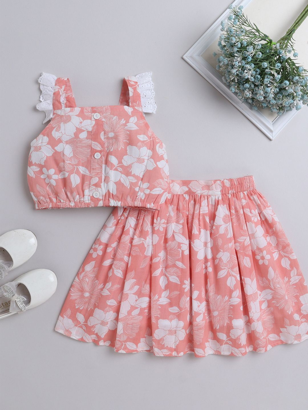 

AWW HUNNIE Girls Printed Top with Skirt, Peach