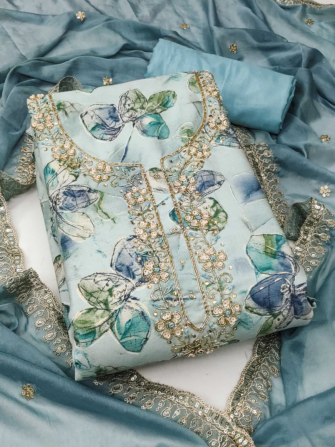 

SHADOW & SAINING Printed Semi-Stitched Dress Material, Blue