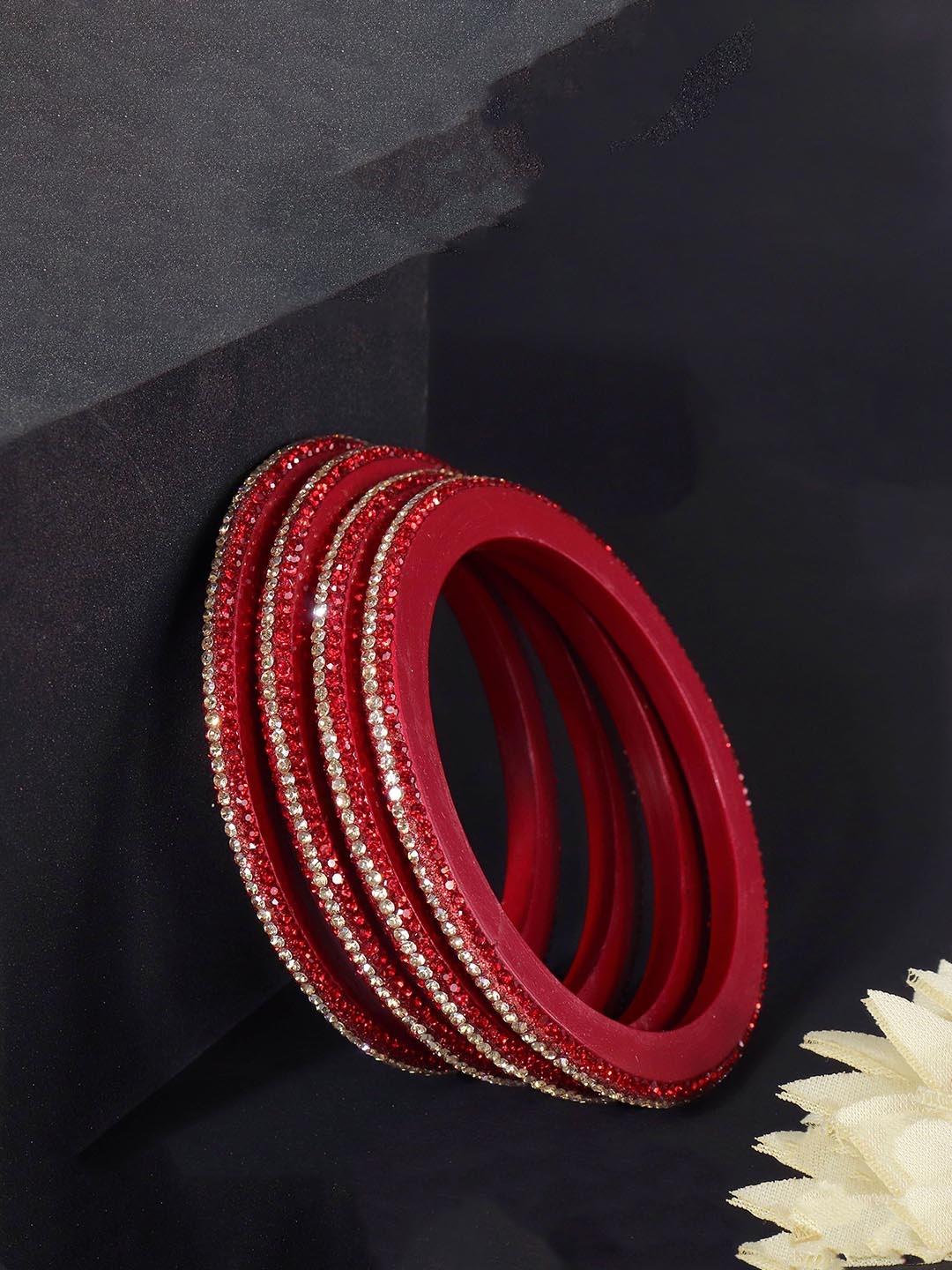 

ZULKA Set Of 4 Zircon Diamond -Studded Kada Bangles, Red