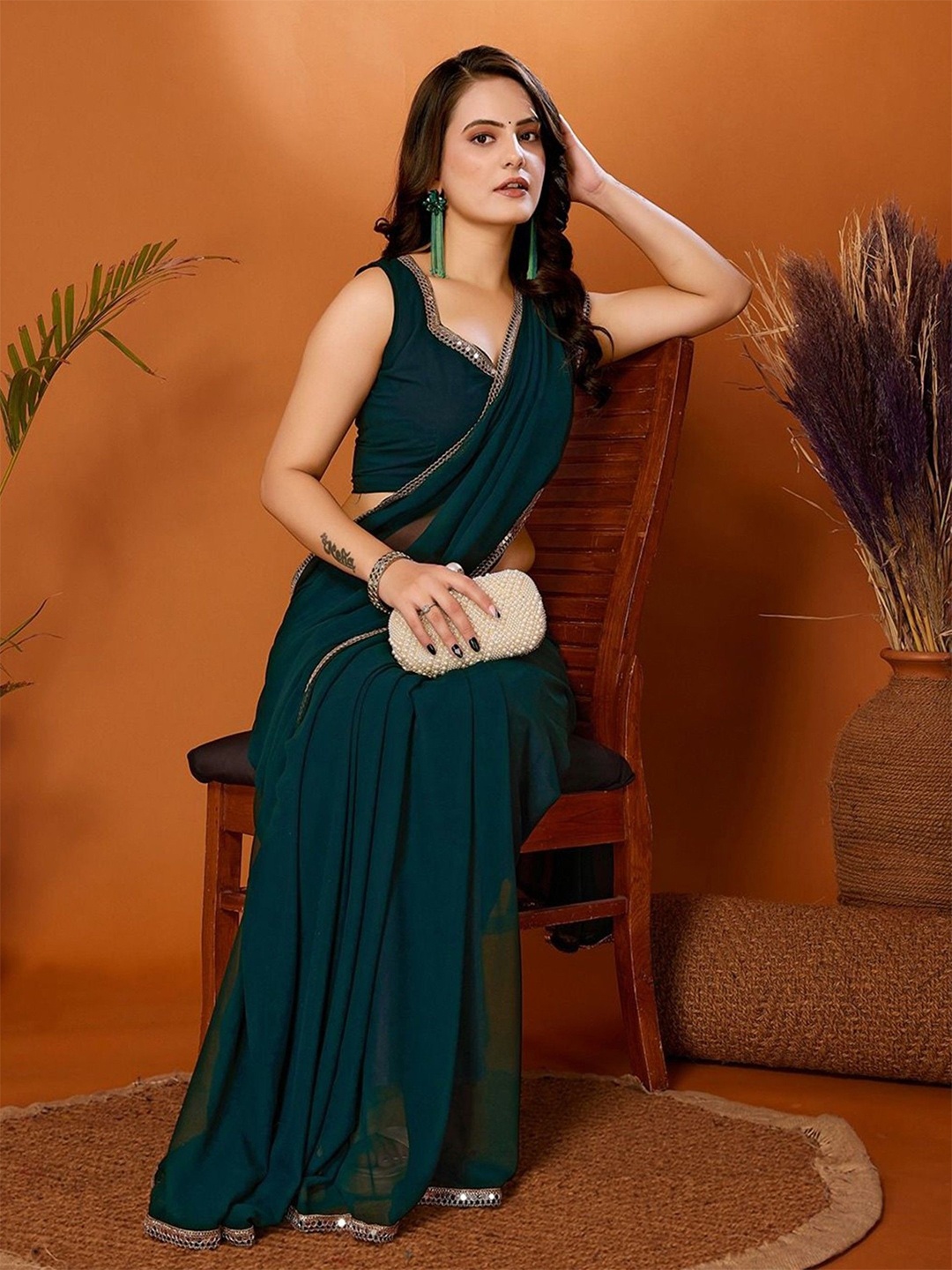 

LeeliPeeri Designer Mirror Work Poly Georgette Designer Saree, Green
