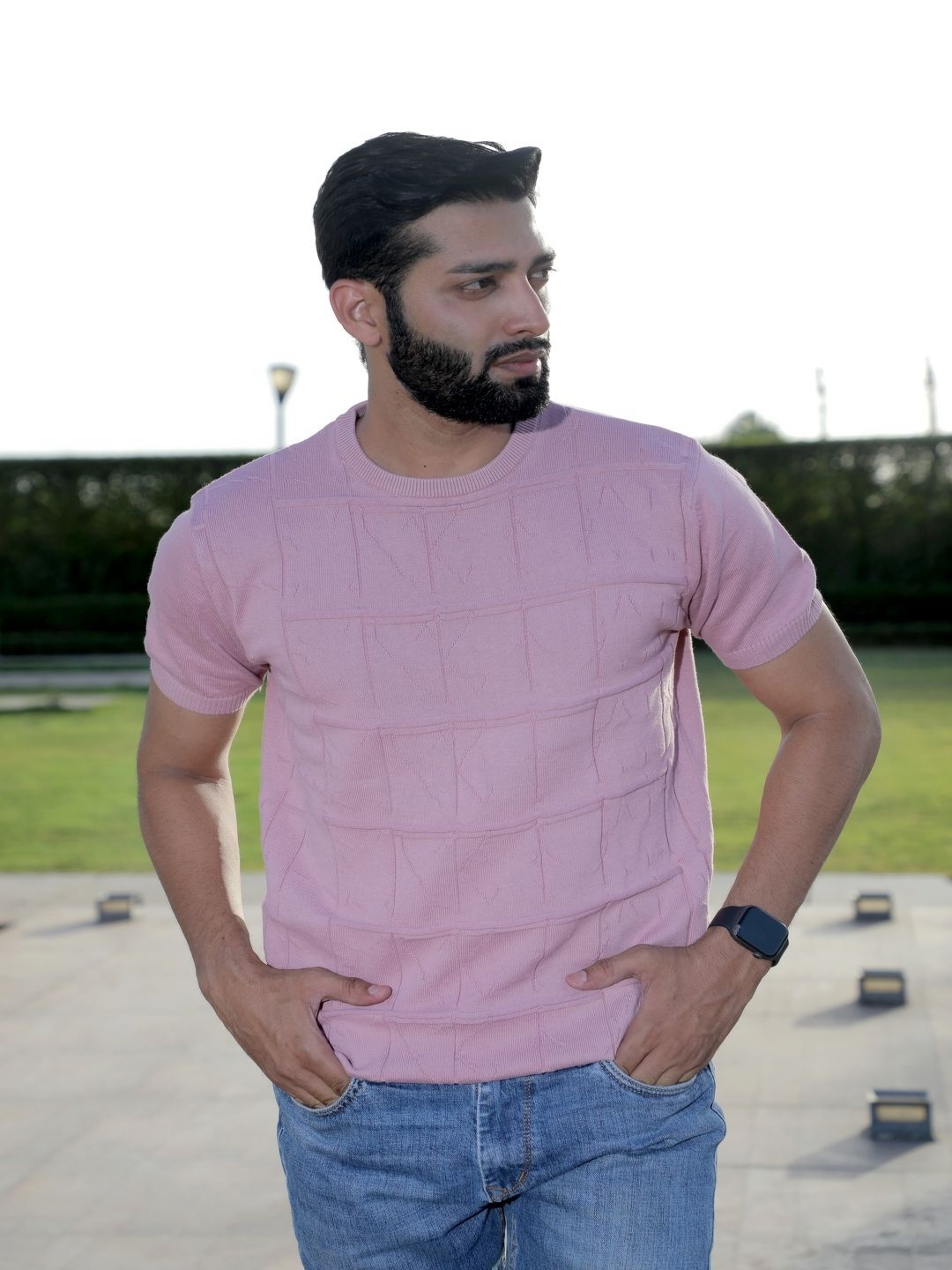 

Vogue93 Men Striped High Neck Pockets T-shirt, Pink