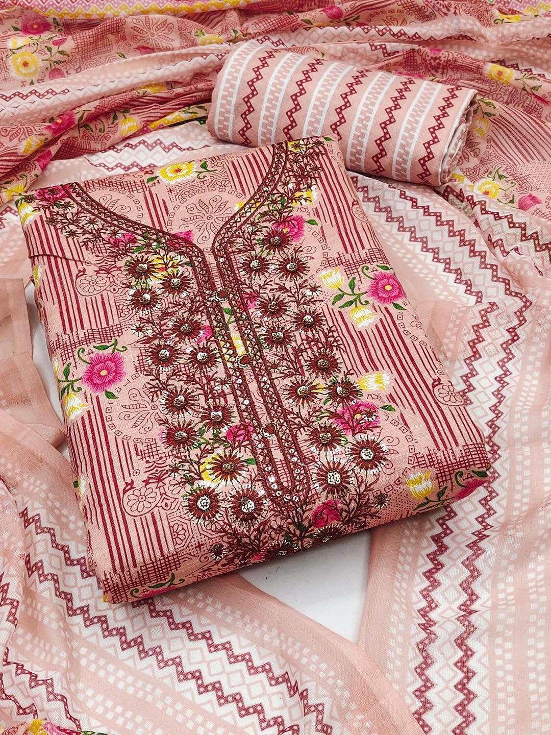 

SHADOW & SAINING Printed Pure Cotton Unstitched Dress Material, Pink