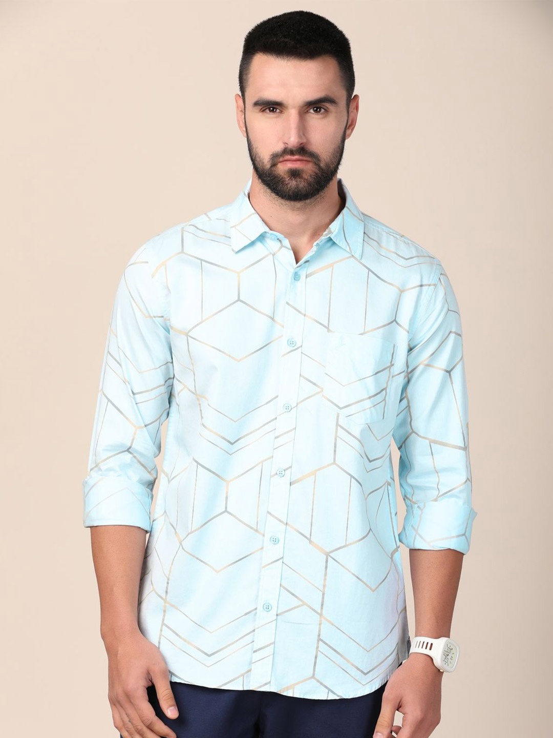 

MERCHANT MARINE Men Standard Slim Fit Sheer Printed Casual Shirt, Blue