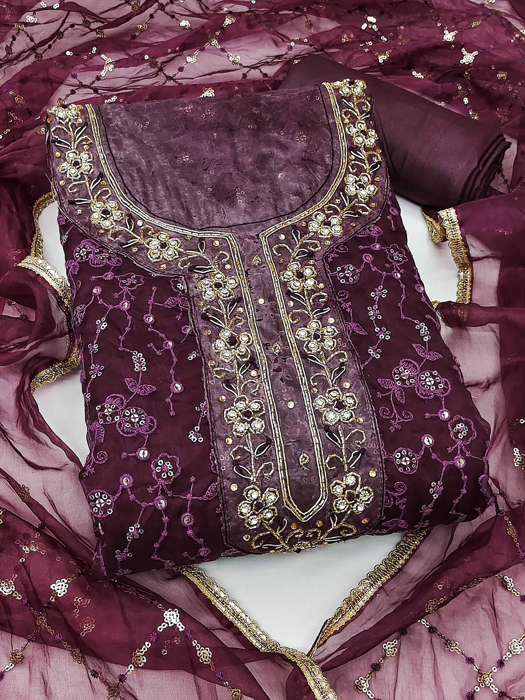 

SHADOW & SAINING Embroidered Organza Semi-Stitched Dress Material, Purple