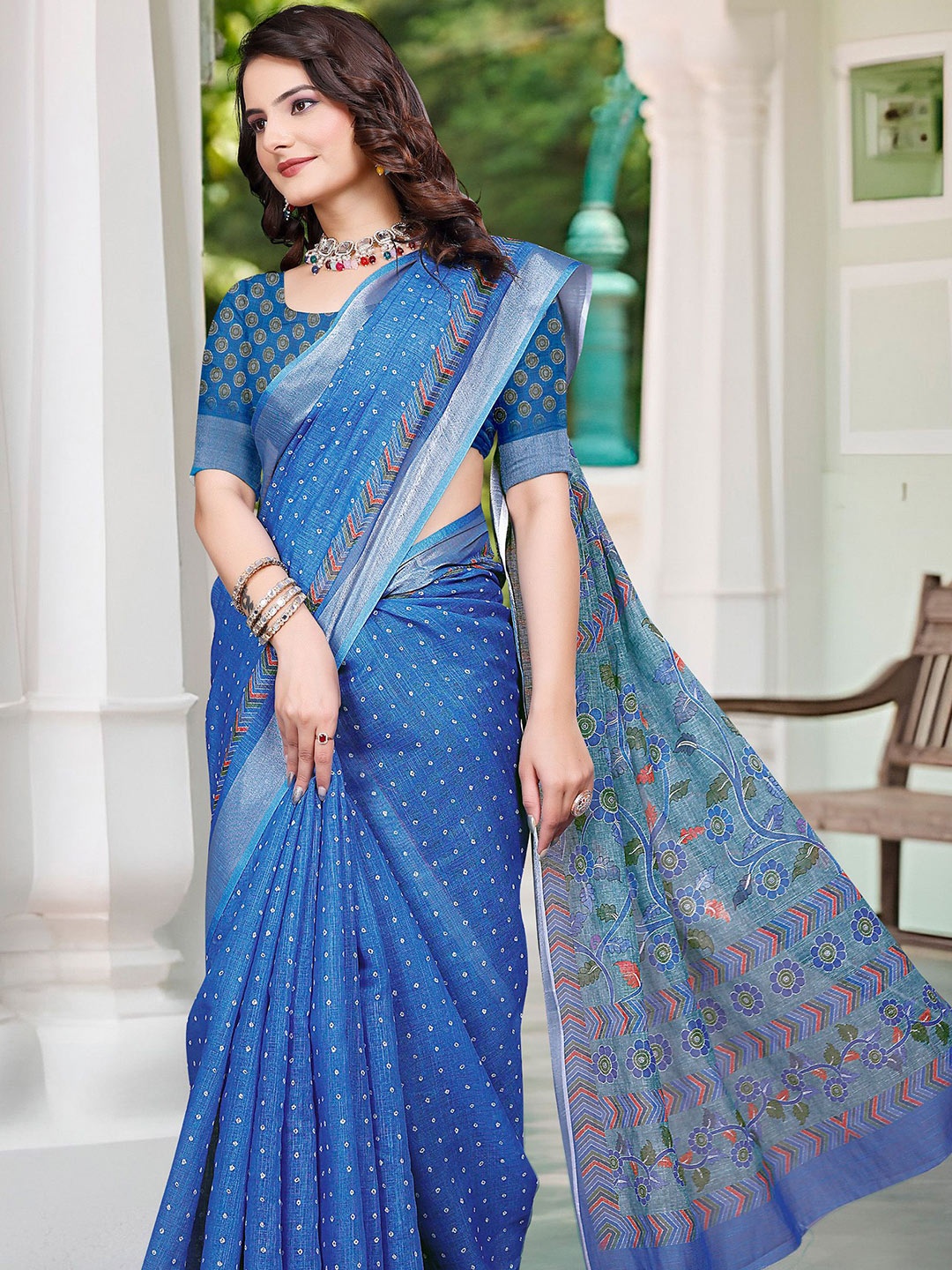 

Anouk Bandhani Zari Linen Blend Saree, Teal