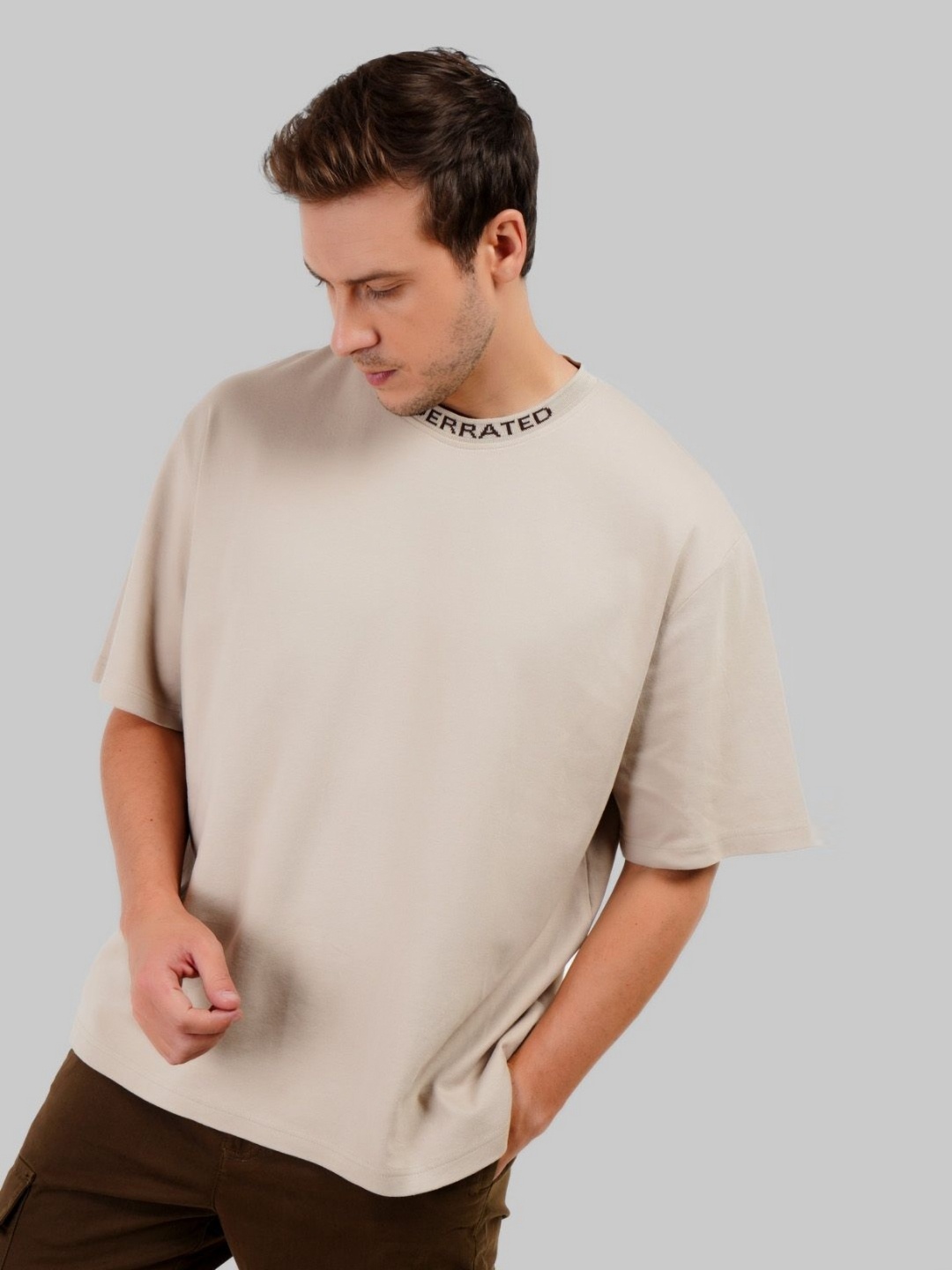 

Underrated Club Men Round Neck Drop Shoulder Sleeves Bio Finish T-Shirt, Beige