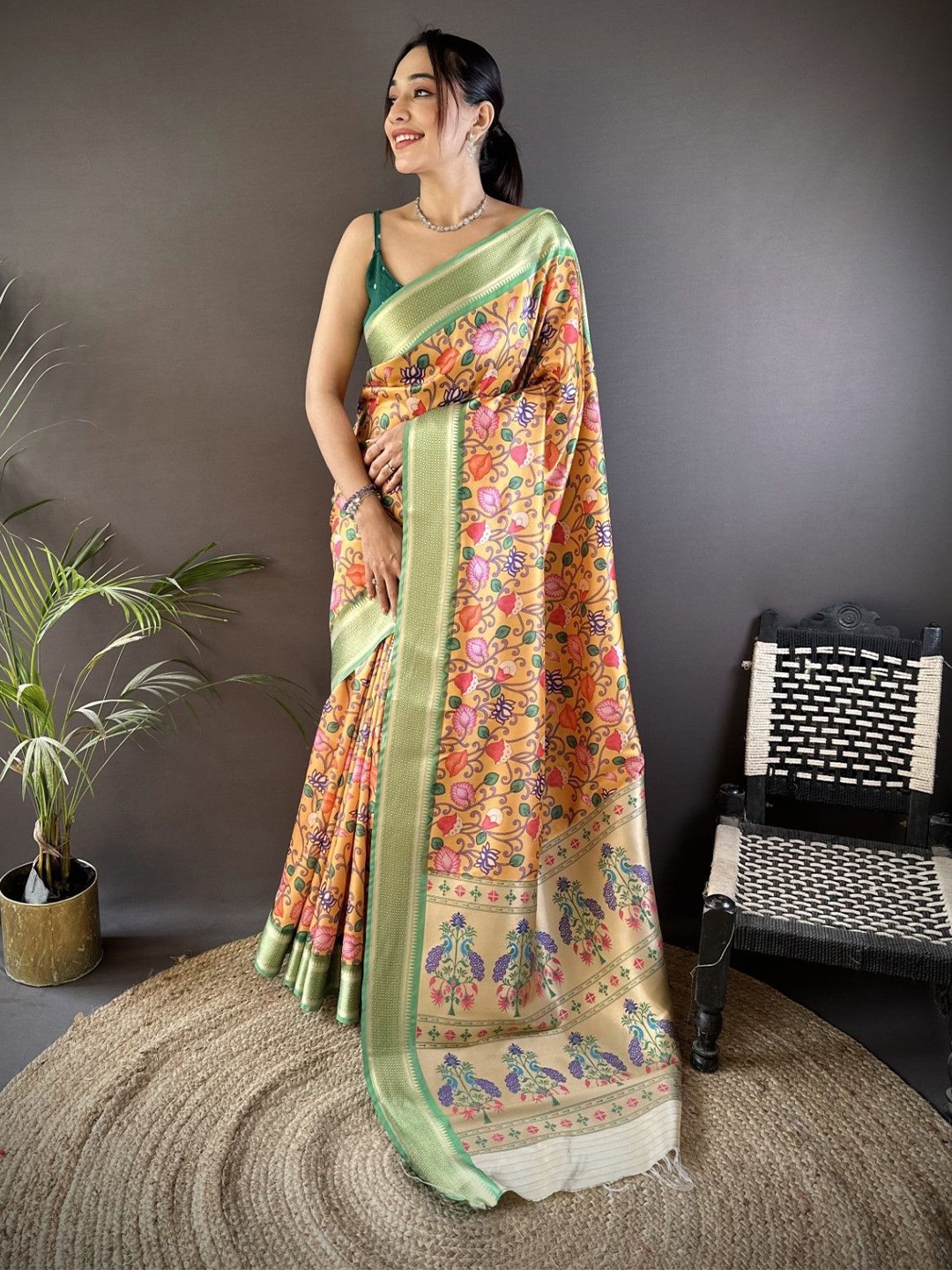 

LeeliPeeri Designer Floral Zari Silk Blend Banarasi Saree, Yellow