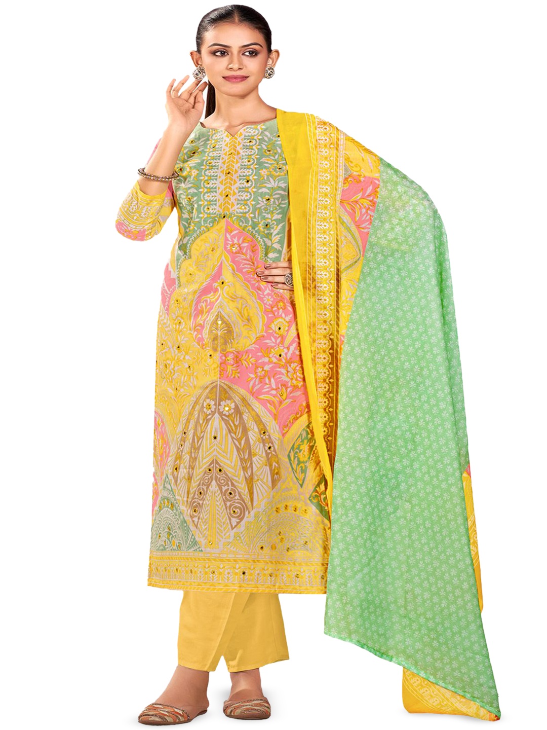 

DRAVINAM Trends Embellished Pure Cotton Unstitched Dress Material, Yellow