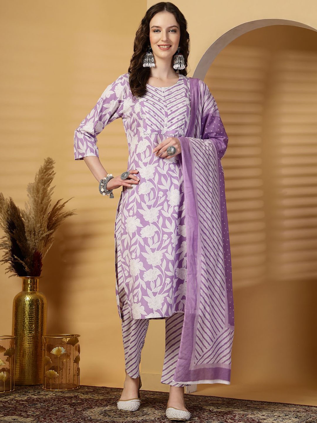 

Moda Rapido Women Floral Printed Regular Mirror Work Kurta with Palazzos & With Dupatta, Mauve