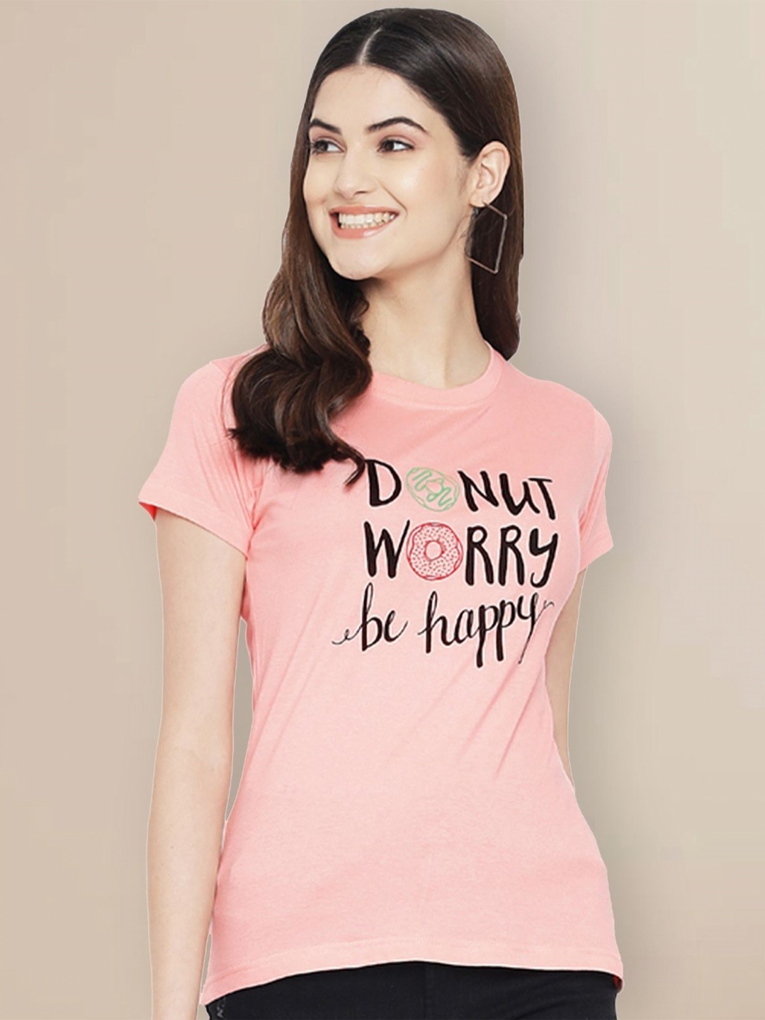 

GLOBAL NOMAD Women Typography Printed T-shirt, Peach