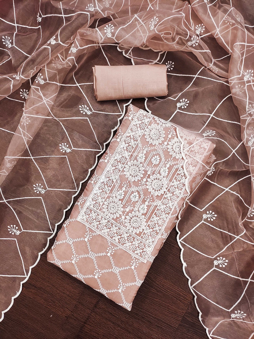 

SHADOW & SAINING Embroidered Organza Unstitched Dress Material, Peach