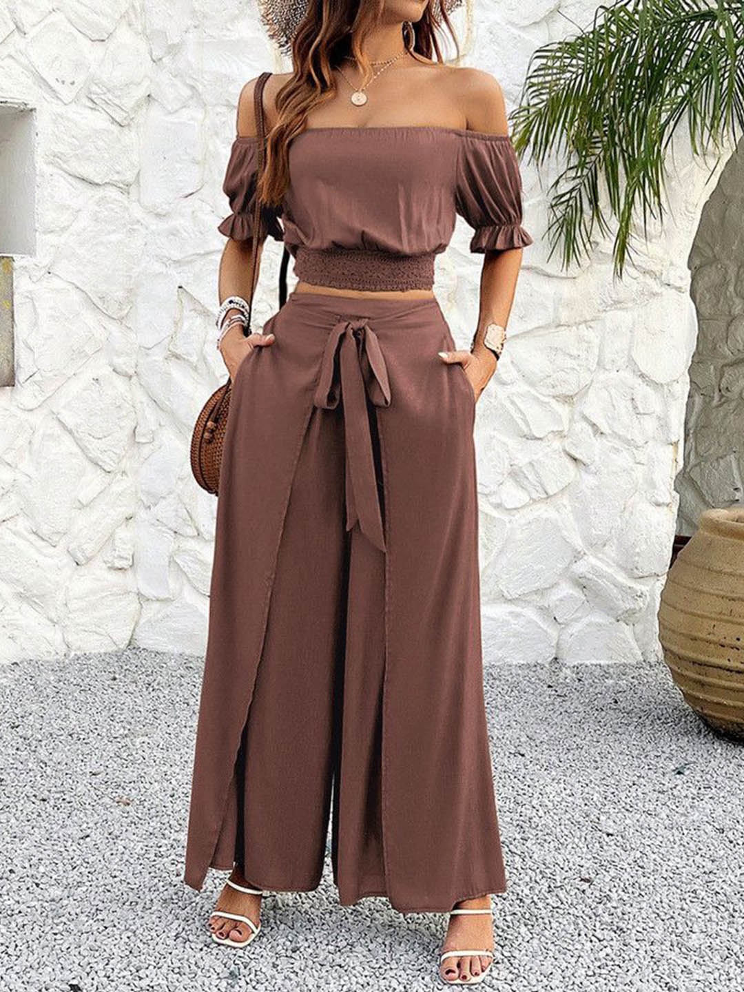 

all about you Top With Palazzo Co-Ords, Brown
