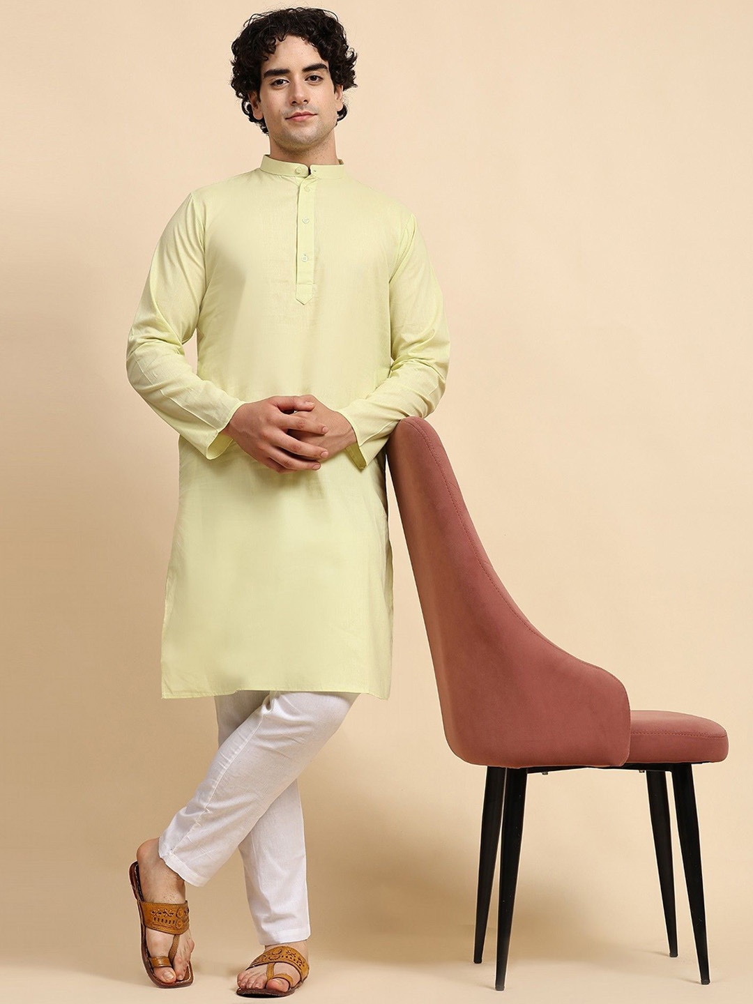 

SKAVIJ Men Regular Pure Cotton Kurta with Pyjamas, Yellow